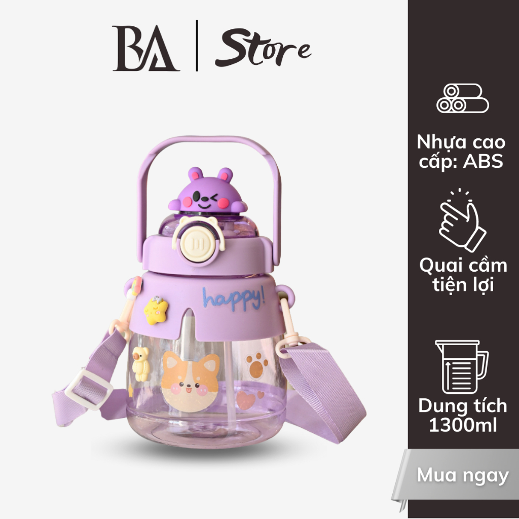 Bình nước 1300ml thú cưng trong suốt siêu đáng yêu, Bình nước có ống hút - TẶNG DÂY ĐEO BÌNH giao nhanh Bảo Anh