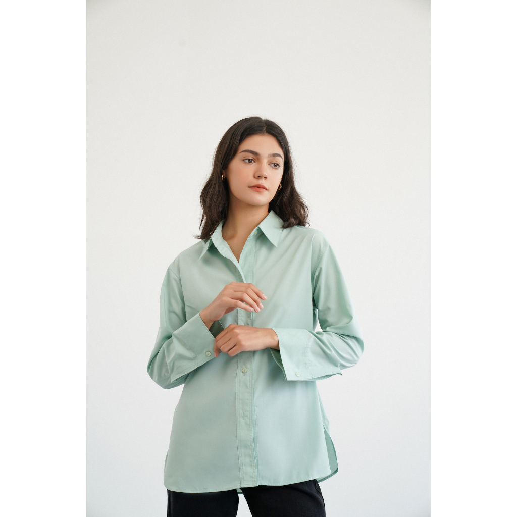Áo sơ mi nữ dài tay dáng suông chất thô cotton ít nhăn Xanh mint_MONOTALK MOF22S-T10027TK-GN
