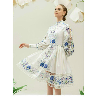 ĐẦM LỤA HOA CỔ TRỤ TAY DÀI