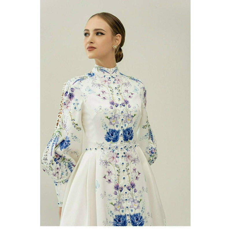 ĐẦM LỤA HOA CỔ TRỤ TAY DÀI