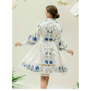 ĐẦM LỤA HOA CỔ TRỤ TAY DÀI