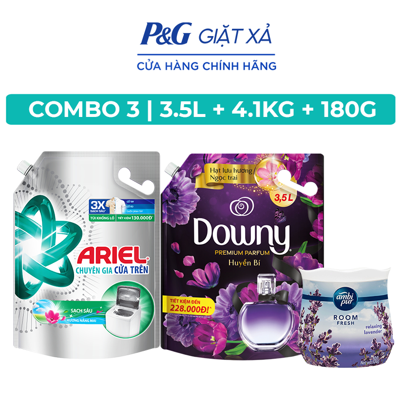 Combo thơm mát gồm nước giặt Ariel sạch sâu 4.1kg, nước xả Downy Huyền bí 3.5L & sáp thơm Ambipur 180g Oải Hương