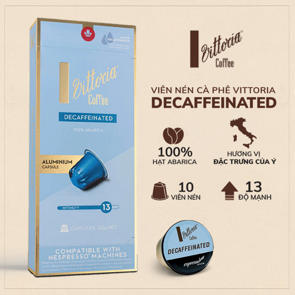 Viên nén cafe Vittoria Decaffeinated mang hương vị ngọt ngào, đậm đà, dùng với máy Nespresso hộp 10 viên