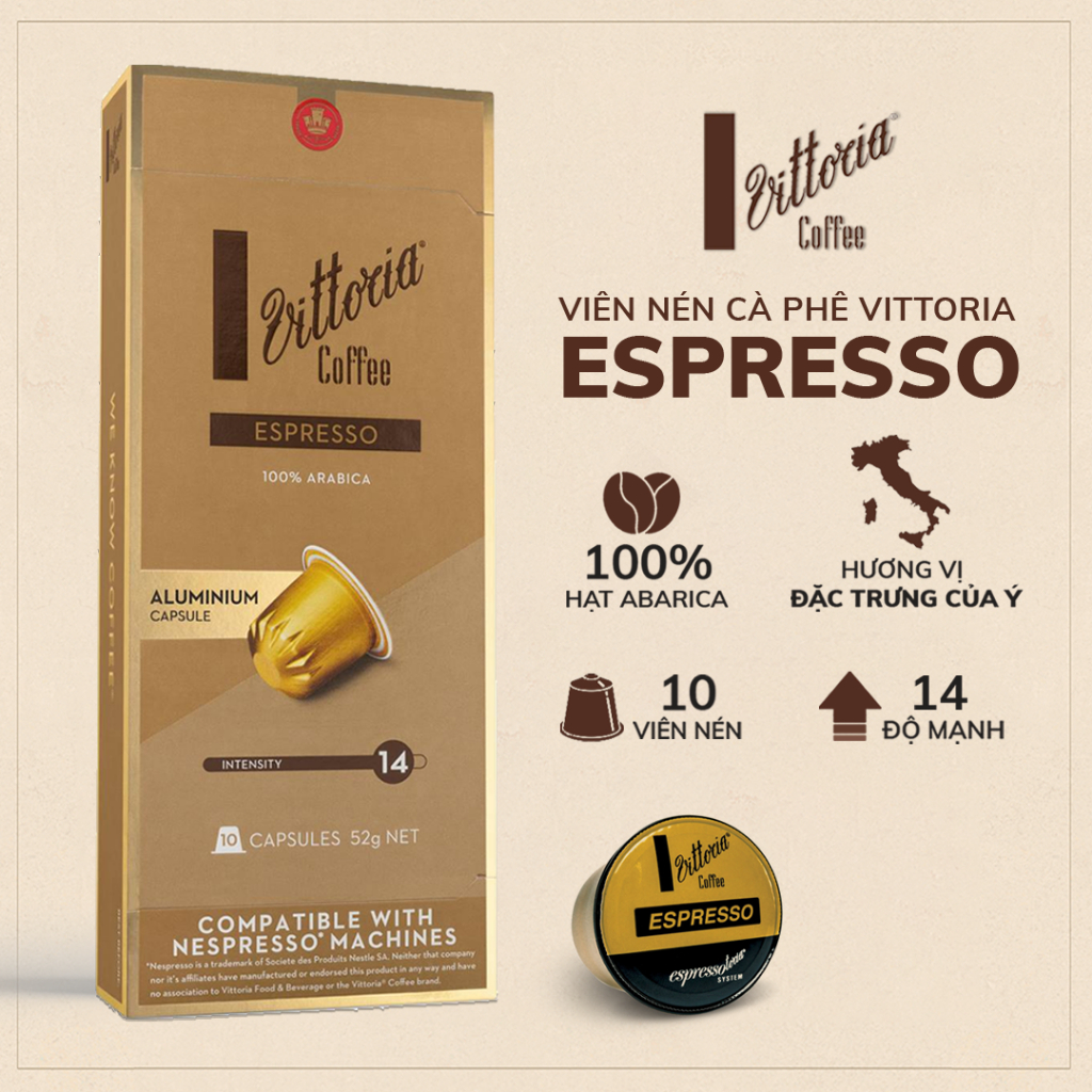 Viên nén cafe Vittoria Espresso mang hương vị mạnh mẽ, dành cho máy Nespresso hộp 10 viên