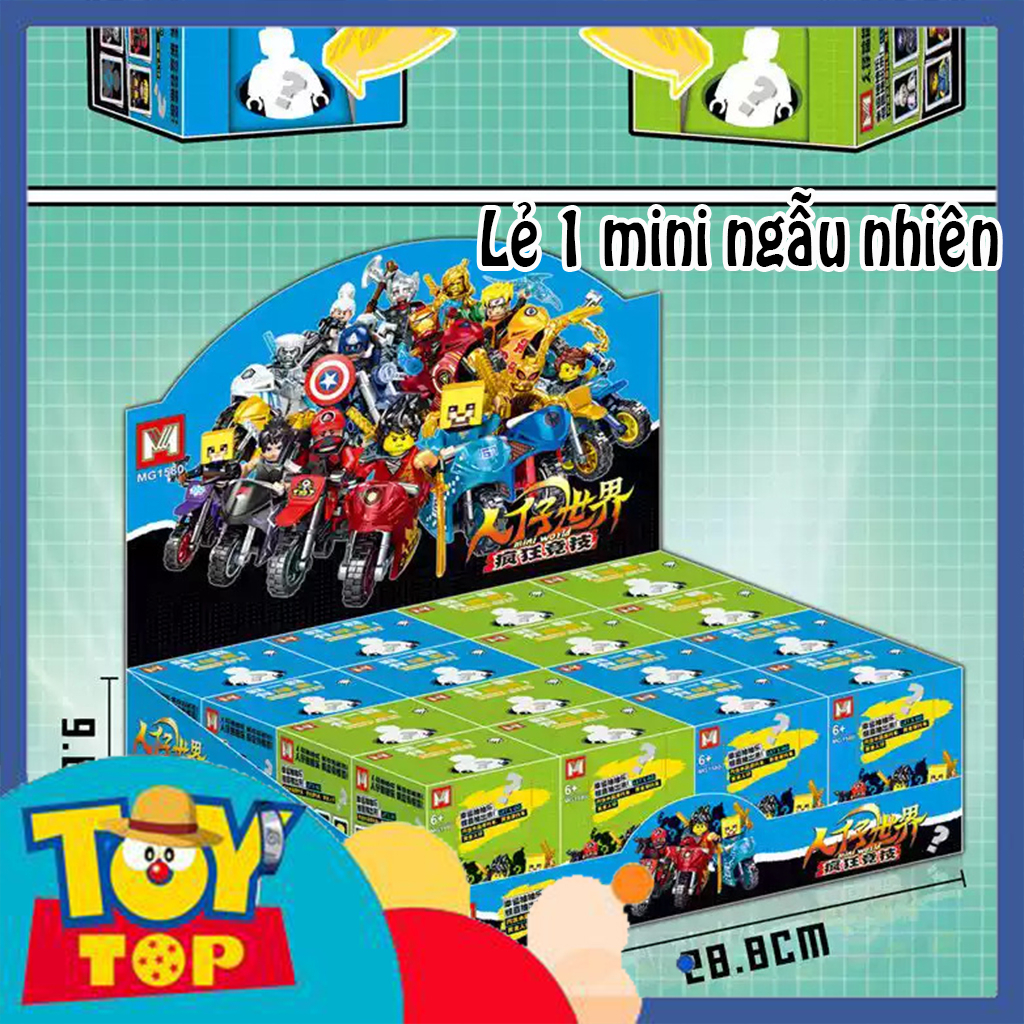 Đồ chơi lắp ráp mini lái mô tô xe máy blind box ngẫu nhiên marvel minecraft ninjago naruto xếp hình MG1580