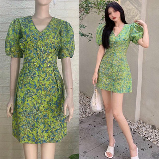 [Ảnh thật]🍒Đầm hoa nhí xoè nhẹ nhấn eo tay phồng S.MLXL