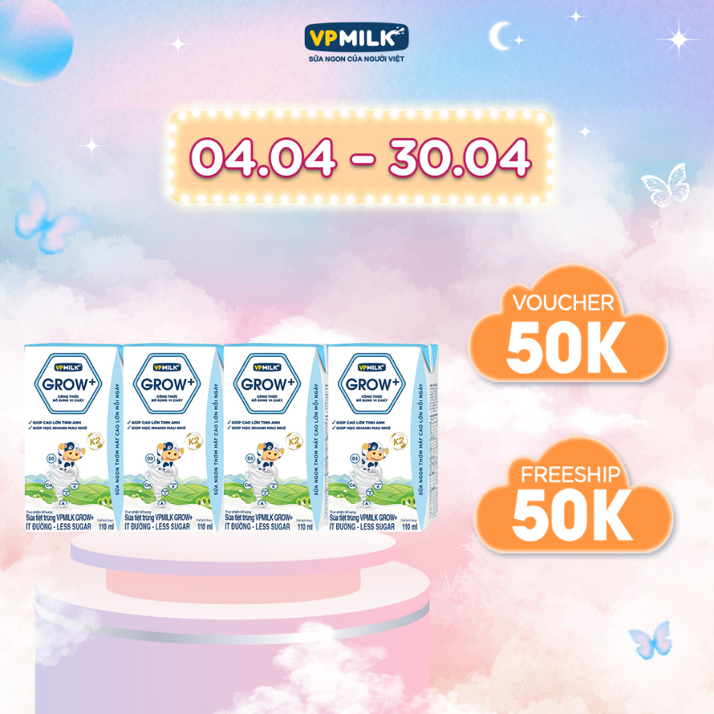 Lốc 4 hộp Sữa tiệt trùng VPMilk Grow+ ít đường 110ml