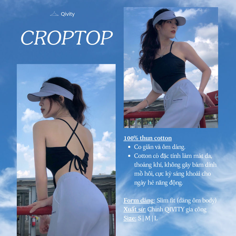 Áo Croptop yếm thắt nơ đằng sau thun cotton Qivity