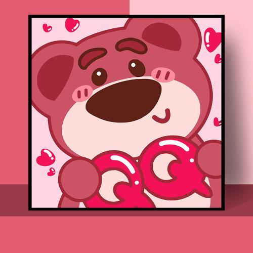 Tranh số hóa 30x30, Tranh Tô Màu gấu Lotso Strawberry bear gấu dâu hồng tặng kèm bộ màu và bút vẽmàu và but vẽ