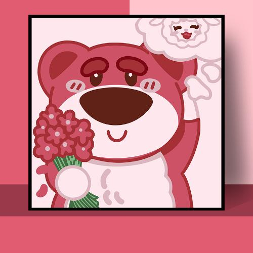 Tranh số hóa 30x30, Tranh Tô Màu gấu Lotso Strawberry bear gấu dâu hồng tặng kèm bộ màu và bút vẽmàu và but vẽ