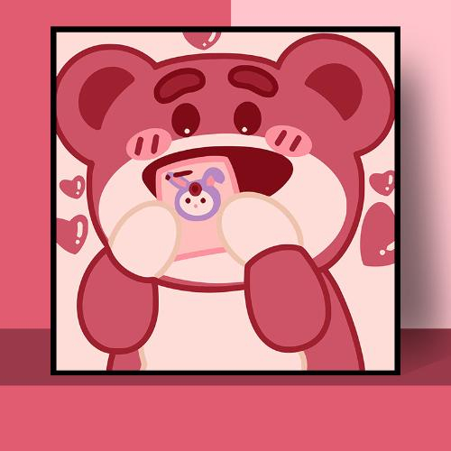 Tranh số hóa 30x30, Tranh Tô Màu gấu Lotso Strawberry bear gấu dâu hồng tặng kèm bộ màu và bút vẽmàu và but vẽ