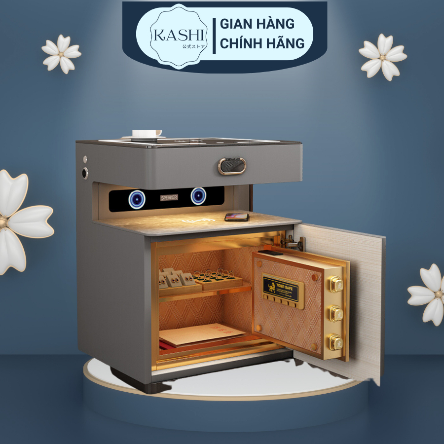 Tủ, Tap Đầu Giường Kashi Cao Cấp Tích Hợp Két Có Khóa Vân Tay Kết Hợp Sạc Cảm Ứng Đèn Led Loa Blutooth 45X40X58 Cm