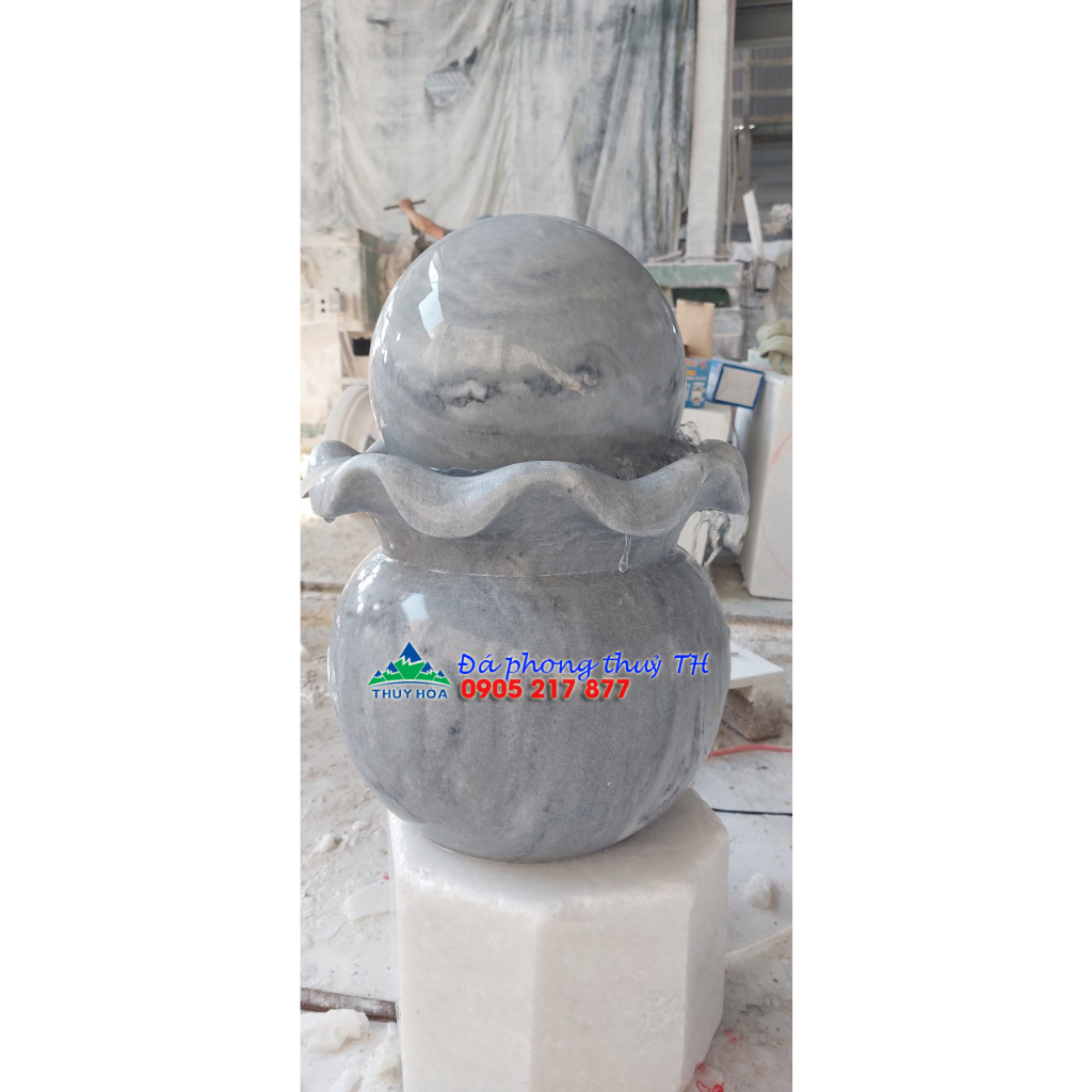Thác nước phong thủy luân hồi, đài phun nước đá trắng xám dạng túi tiền, bát tụ bảo phong thủy - Cao 35 cm