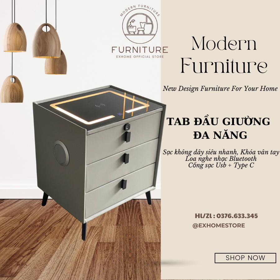 Tủ Tab Kệ Đầu Giường Vân Tay Thông Minh, Loa bluetooth, Sạc Không Dây, Đèn Led 3 màu kèm cổng sạc USB giá tốt nhất