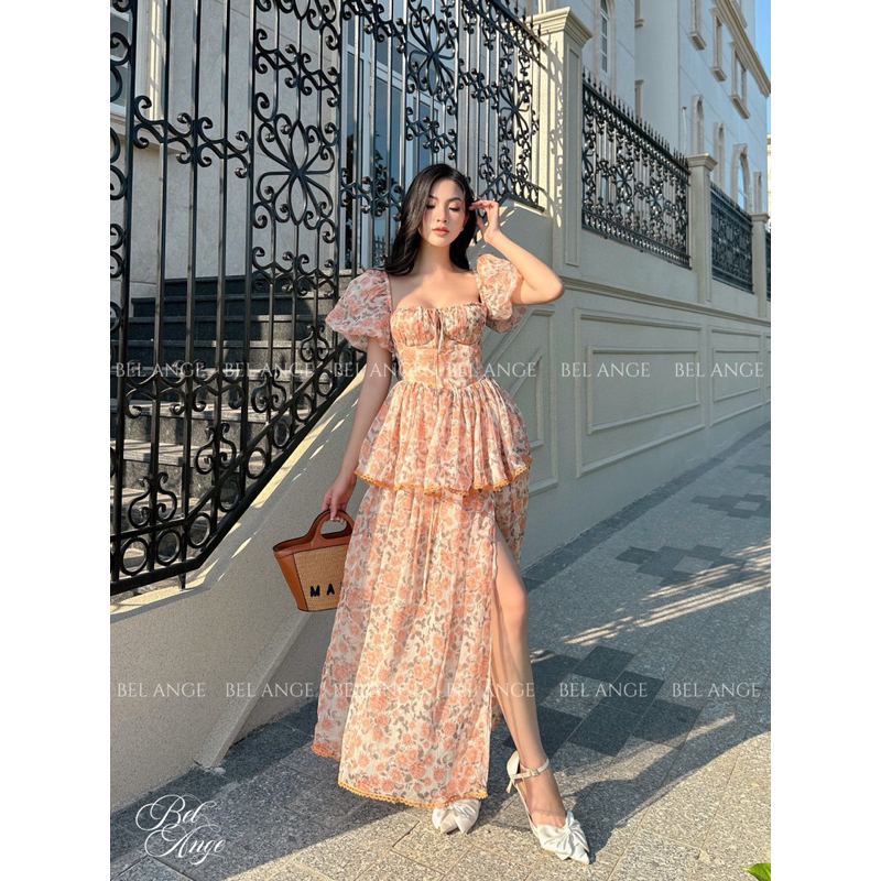 Bel Ange - Đầm hoa tay phồng màu cam xẻ tà Ladonna Dress