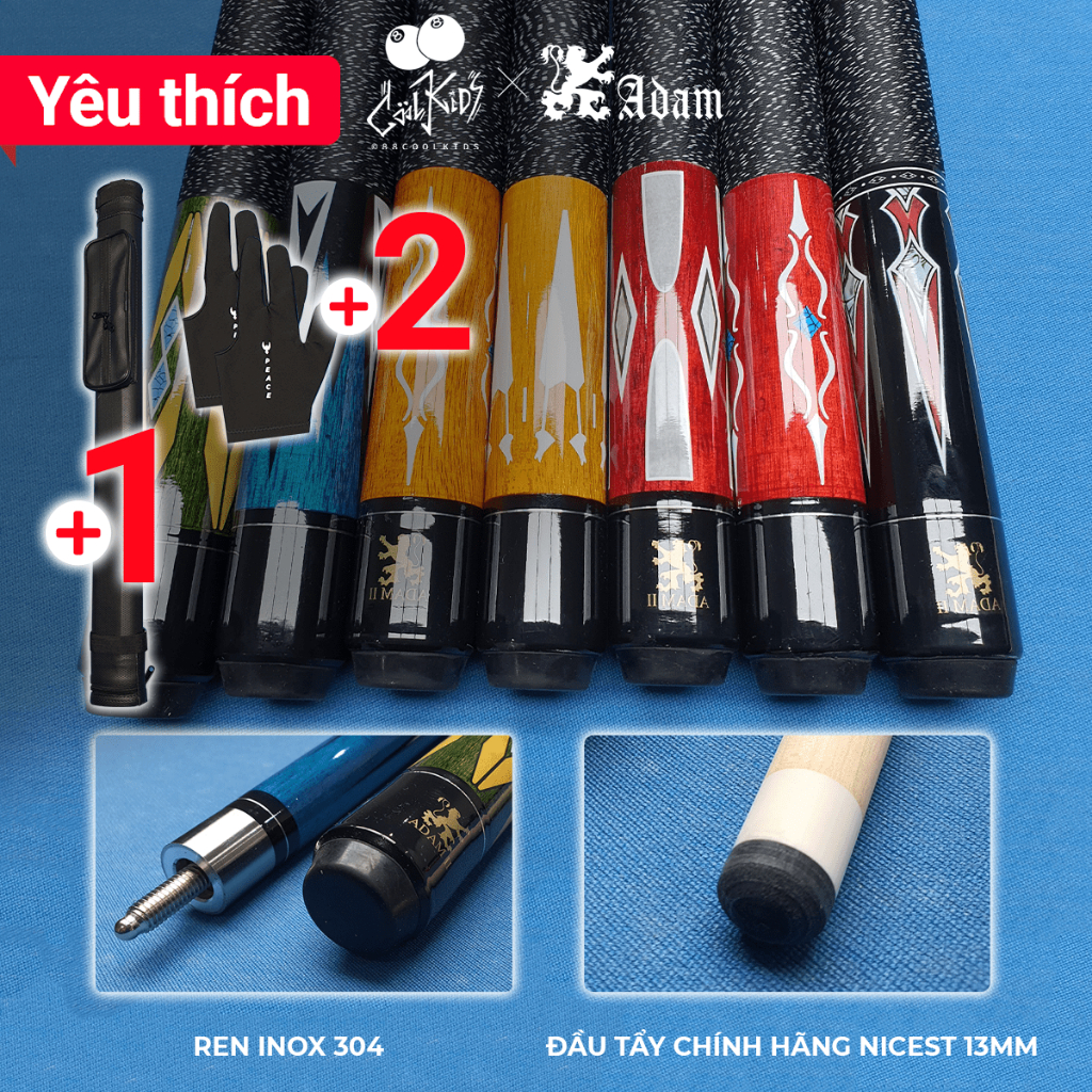 Cơ Bida Lỗ CLB Adam, MC Cues - Gậy Bi A Cá Nhân Tiêu Chuẩn Gỗ Phong Nguyên Khối 500g Lên sẵn tẩy Nicest 13mm