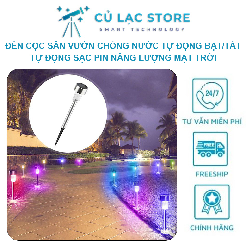 Đèn cọc sân vườn chống nước tự động bật tắt, sạc pin năng lượng mặt trời