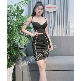 Đầm body 2 Dây, Ngực Đính Đá, Hở Eo, Nhúng Thân, Kẻ Sọc Quyến Rũ