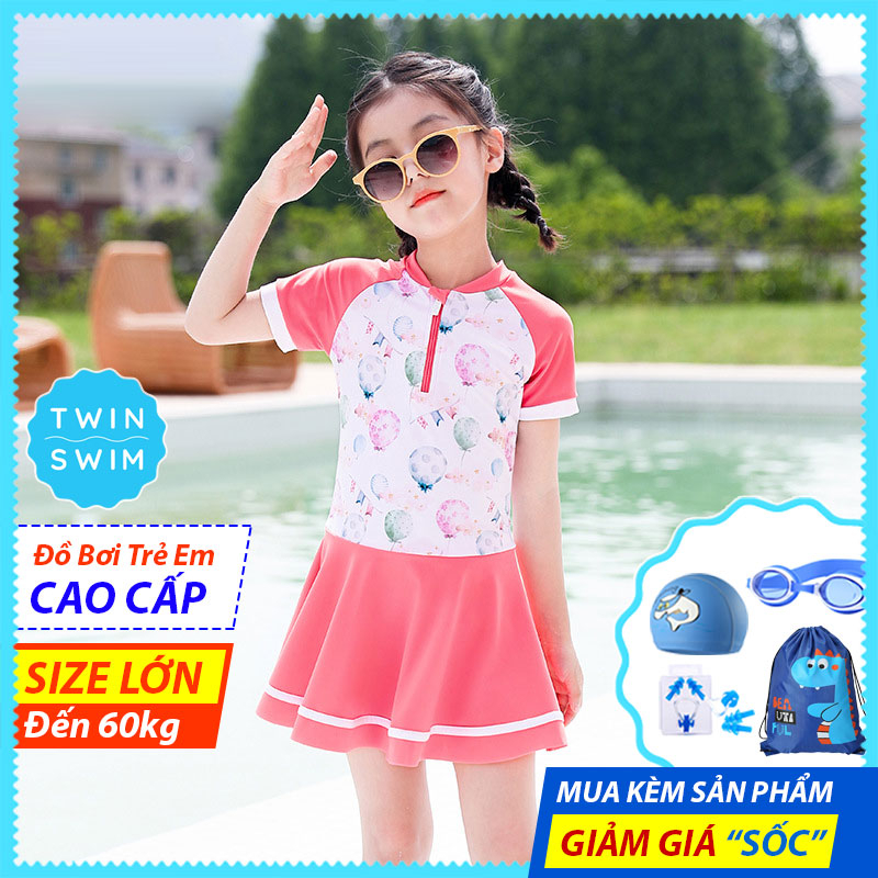Đồ Bơi Bé Gái Lớn Twin Swim, Đầm Áo Bơi Thiếu Nữ Váy Liền Xinh Xắn, Chất Liêu Vải Co Giản Cao Cấp, Size Lớn Cao 1.6m