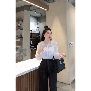 Áo sơ mi tơ lụa cổ ren điểm đá