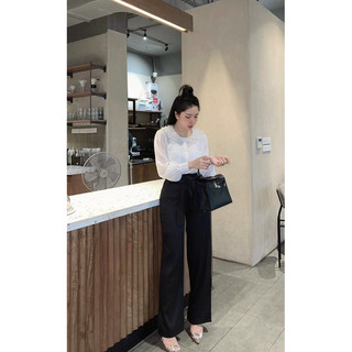 Áo sơ mi tơ lụa cổ ren điểm đá