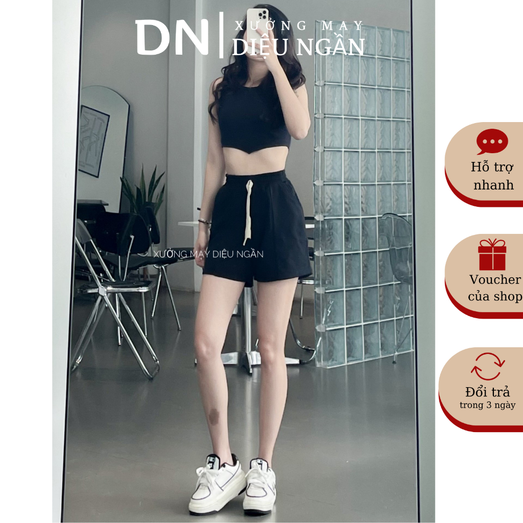 Quần short nữ lưng thun chất vải cotton da cá. Quần đùi nữ ống rộng có túi cạp chun đính dây thắt nơ
