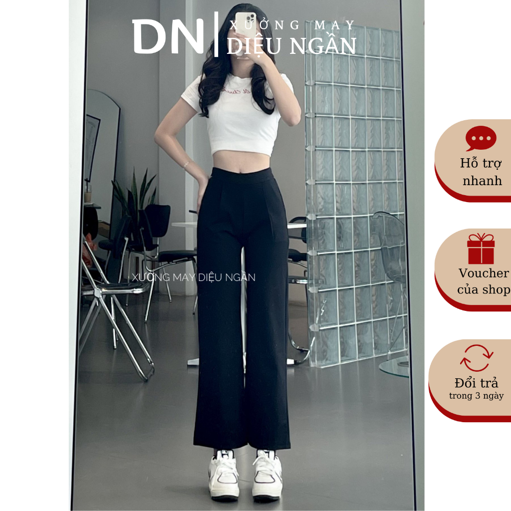 Quần ống rộng nữ lưng thun cạp cao, quần ống suông nữ co giãn chấi vải Umi Hàn có túi trước