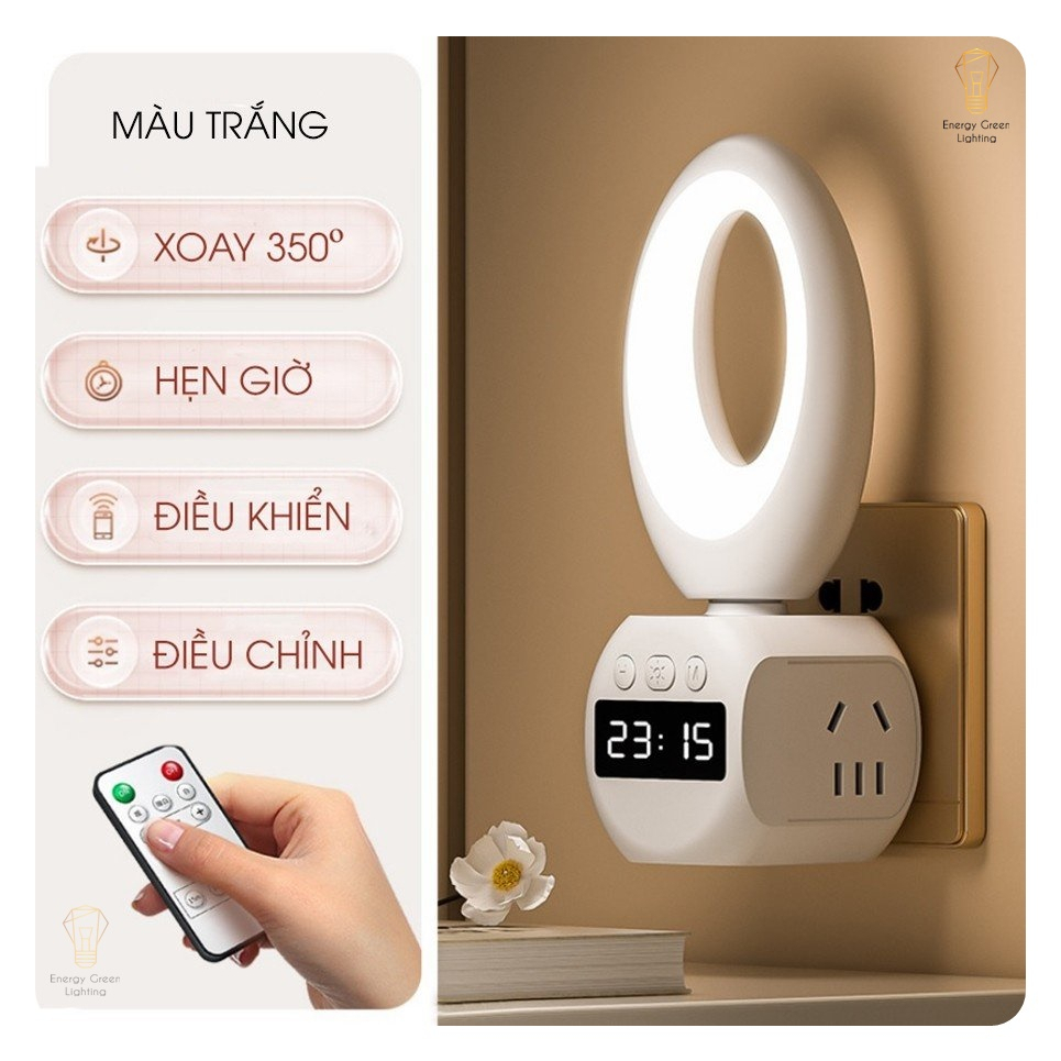 Đèn Ngủ Đồng Hồ Energy Green Lighting Kiêm Ổ Cắm Điện OD-610 - Điều Khiển Từ Xa - 3 Chế Độ Ánh Sáng - Điều Chỉnh Độ Sáng