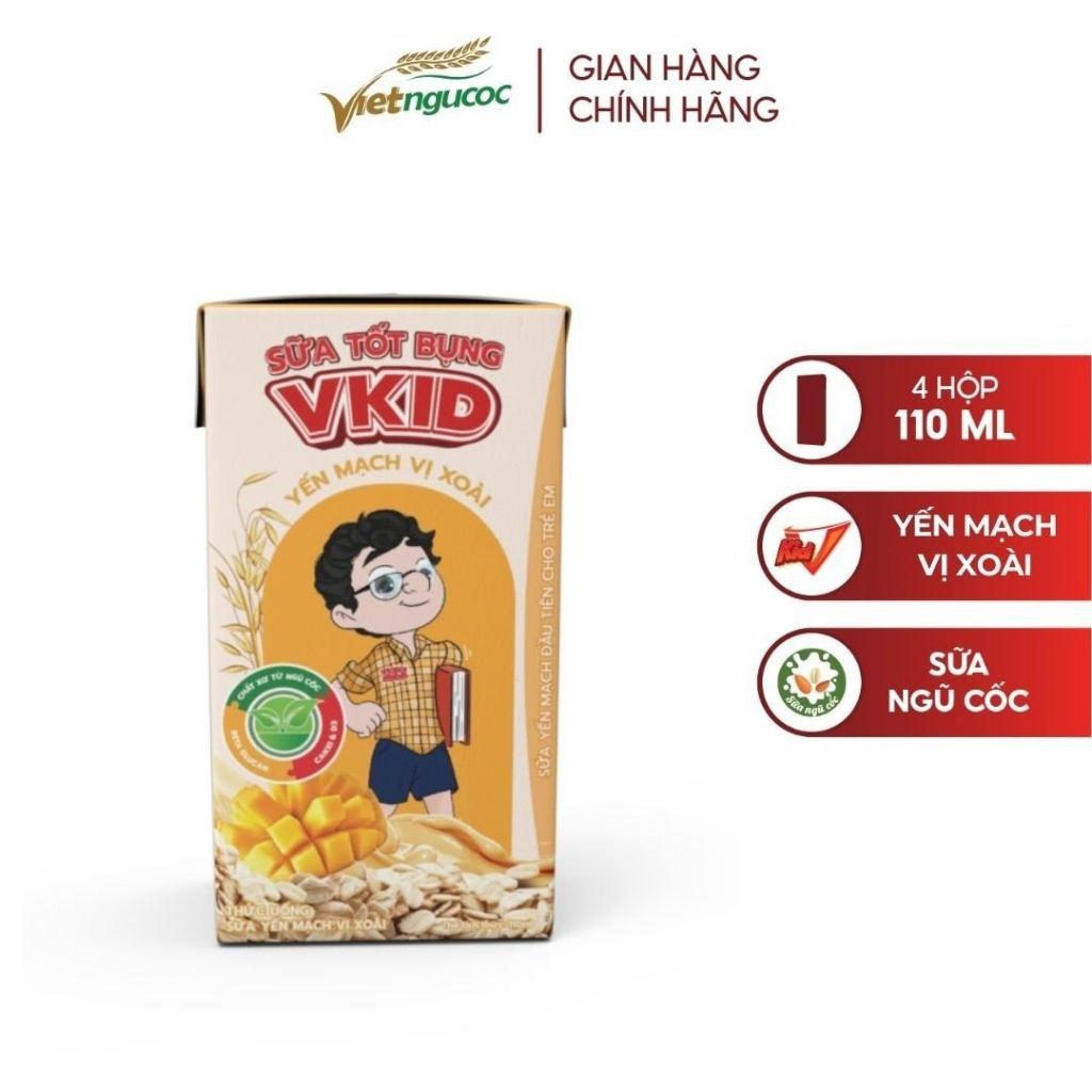 Combo 5 Lốc Sữa Yến Mạch Vkid VIỆT NGŨ CỐC Cho Bé Thơm Ngon Vị Xoài 110ml/Hộp