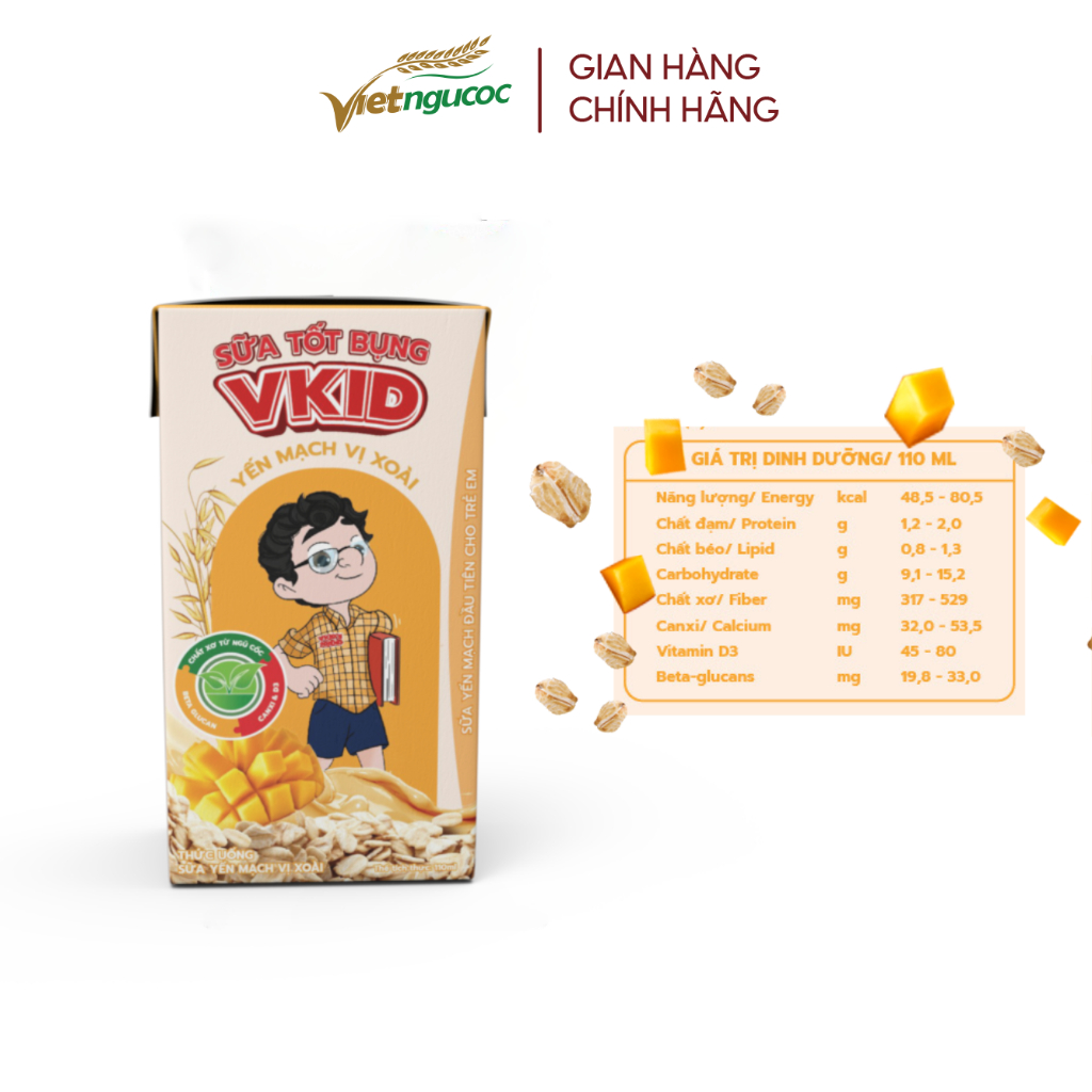 Combo 5 Lốc Sữa Yến Mạch Vkid VIỆT NGŨ CỐC Cho Bé Thơm Ngon Vị Xoài 110ml/Hộp