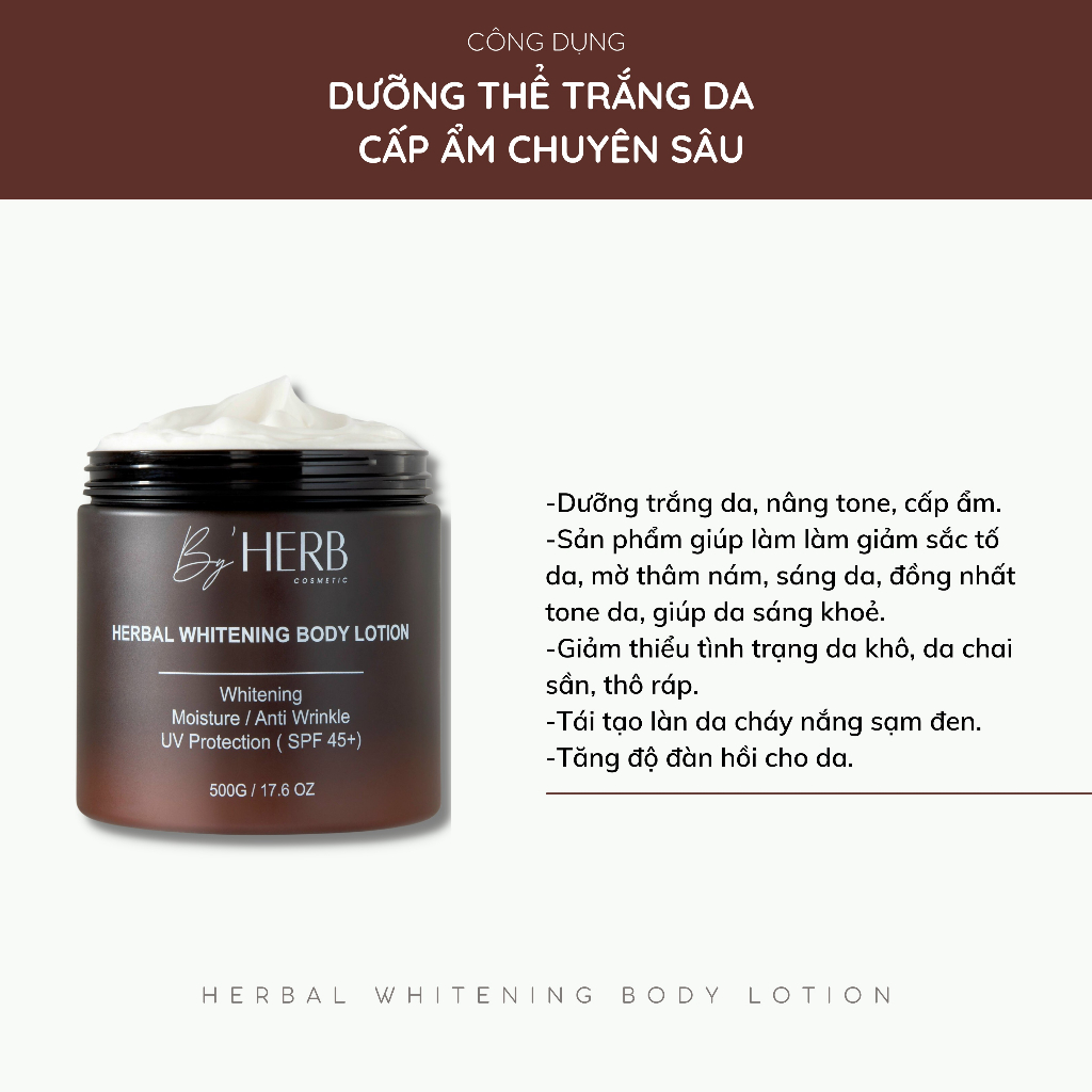 Combo Bột Tắm Trắng và Kem Dưỡng Trắng Da Herbal Whitening Body Lotion 500g By'HERB
