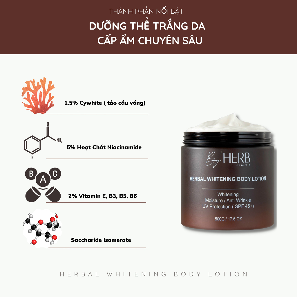 Combo Bột Tắm Trắng và Kem Dưỡng Trắng Da Herbal Whitening Body Lotion 500g By'HERB