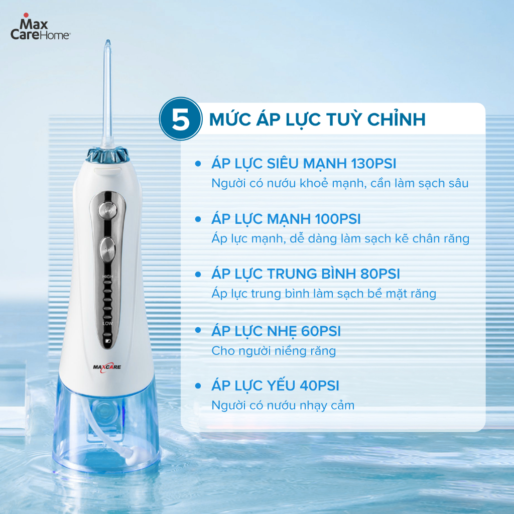 Máy tăm nước cầm tay Maxcare M1Pro Công nghệ phun sóng âm sonic, 5 mức độ lực, tặng kèm 6 đầu tăm & đầu rửa mũi