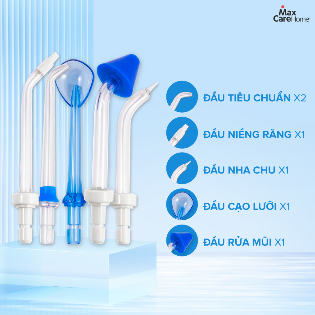 Máy tăm nước cầm tay Maxcare M1Pro Công nghệ phun sóng âm sonic, 5 mức độ lực, tặng kèm 6 đầu tăm & đầu rửa mũi