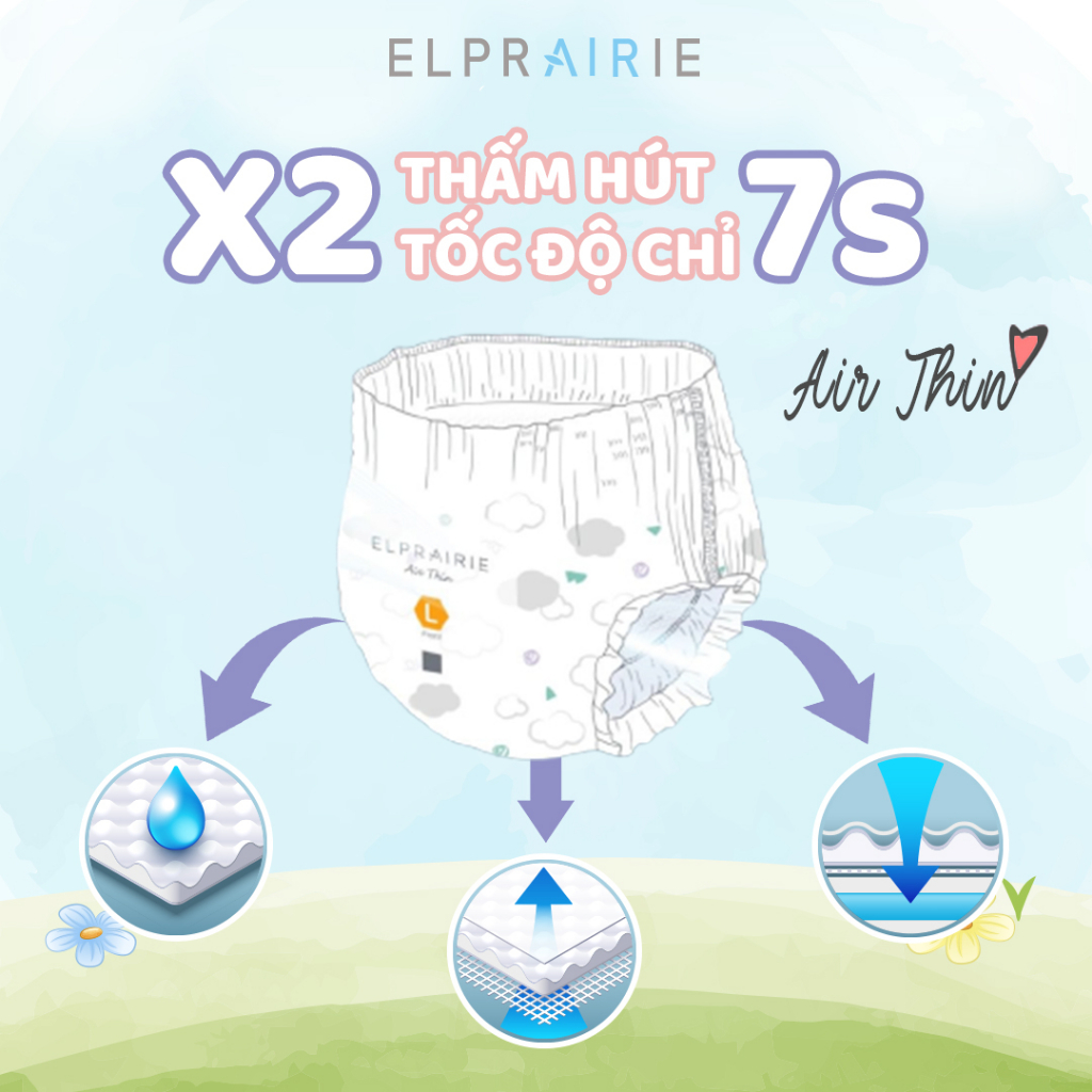 Tã/Bỉm Dán ELPRAIRIE Air Thin Nội Địa Hàn Siêu Mỏng Nhẹ Siêu Thấm Hút, Mềm Mại Chống Hăm S34/M30/L26 Cho Bé 6-14Kg