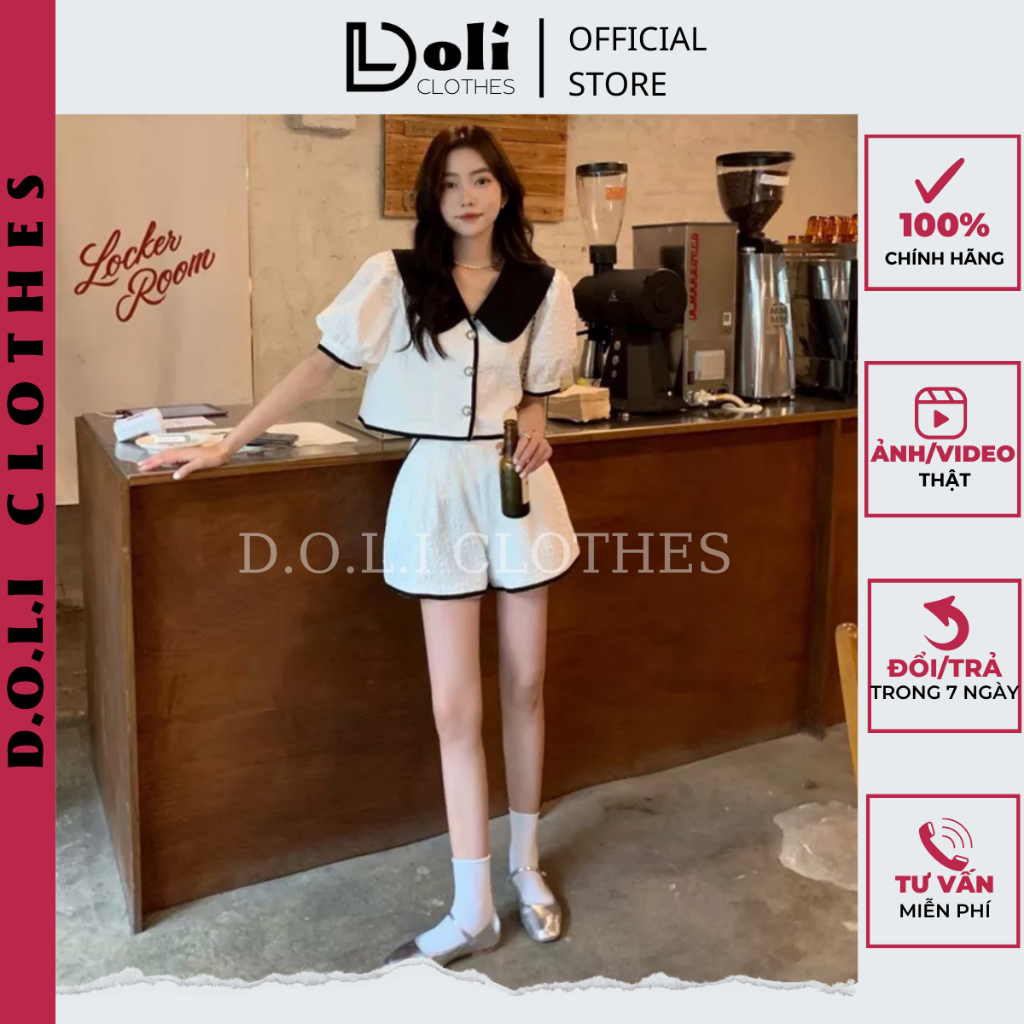 Set Bộ Áo Sơ Mi Cúc Ngọc Cổ Phối Cộc Tay Kèm Quần Đùi Vải Hoa Gấm 2 Màu Siêu Hot B128 - DOLI Clothes