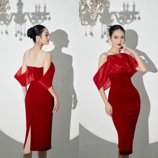 Đầm dự tiệc body thiết kế sang chảnh, Váy trễ vai phối voan tơ kiểu dáng thanh lịch -V1