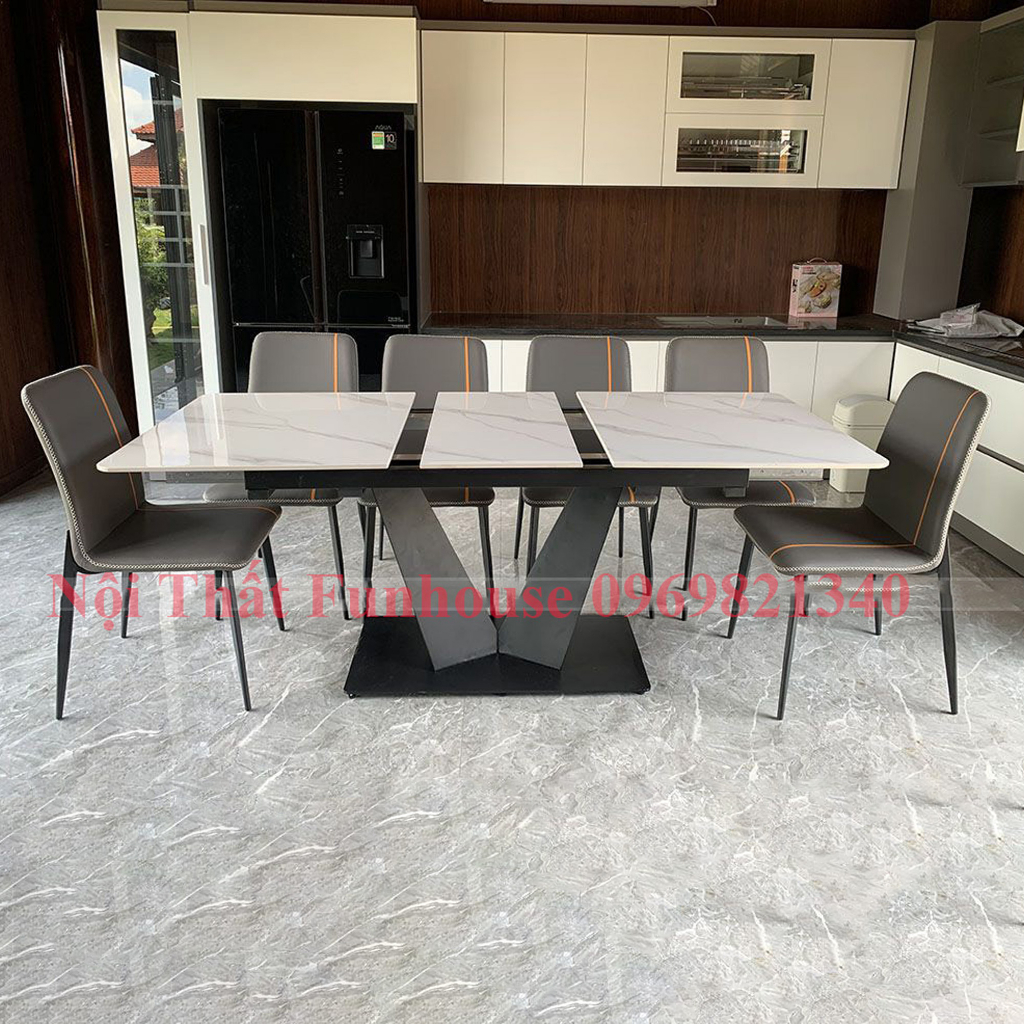 Bộ bàn ăn 6 ghế nhập khẩu Funhouse 1m4 kéo dài 1m8,mặt đá ceramic,chân sắt sơn tĩnh điện,ghế da cao cấp - Bảo hành 2 năm