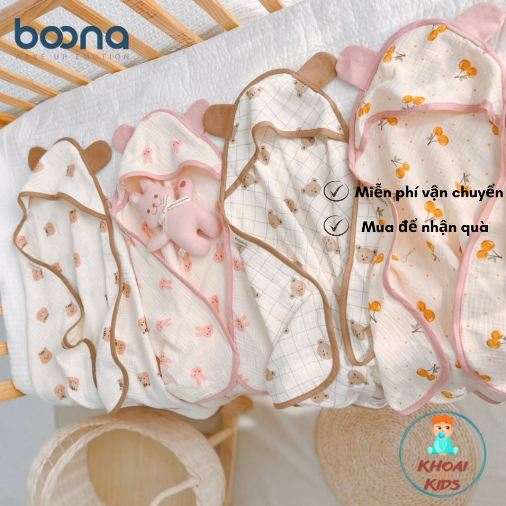Ủ choàng, khăn ủ xô Muslin 4 lớp có mũ kèm nơ thắt siêu sinh thoáng khí chất mềm mại an toàn với da trẻ sơ sinh