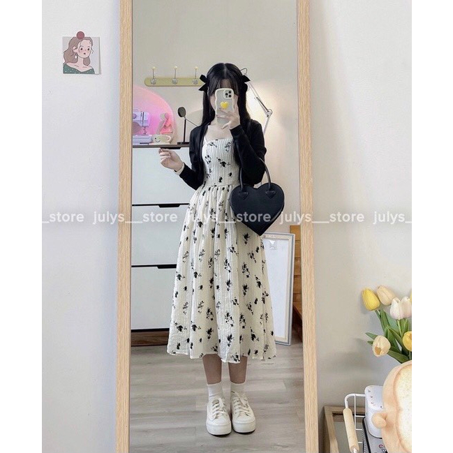 Sét Váy Hai Dây Đũi Hoa Dáng Babydoll Mix Khoác Thun Cardigan Đen, Freesize Dưới 60 Kg