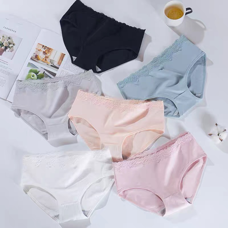 86001 Quần Lót Nữ Cotton Viền Ren, Quần Lót Kháng Khuẩn Trơn Nhiều Màu Dễ Thương, Quần Coton Cạp Lưới Cao Cấp