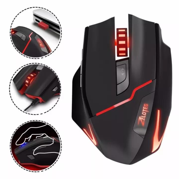 Chuột ZELOTES F-18 Gaming Mouse 3200DPI Có dây/Không dây Điều chỉnh DPI Đèn LED Đổi 7 Màu.