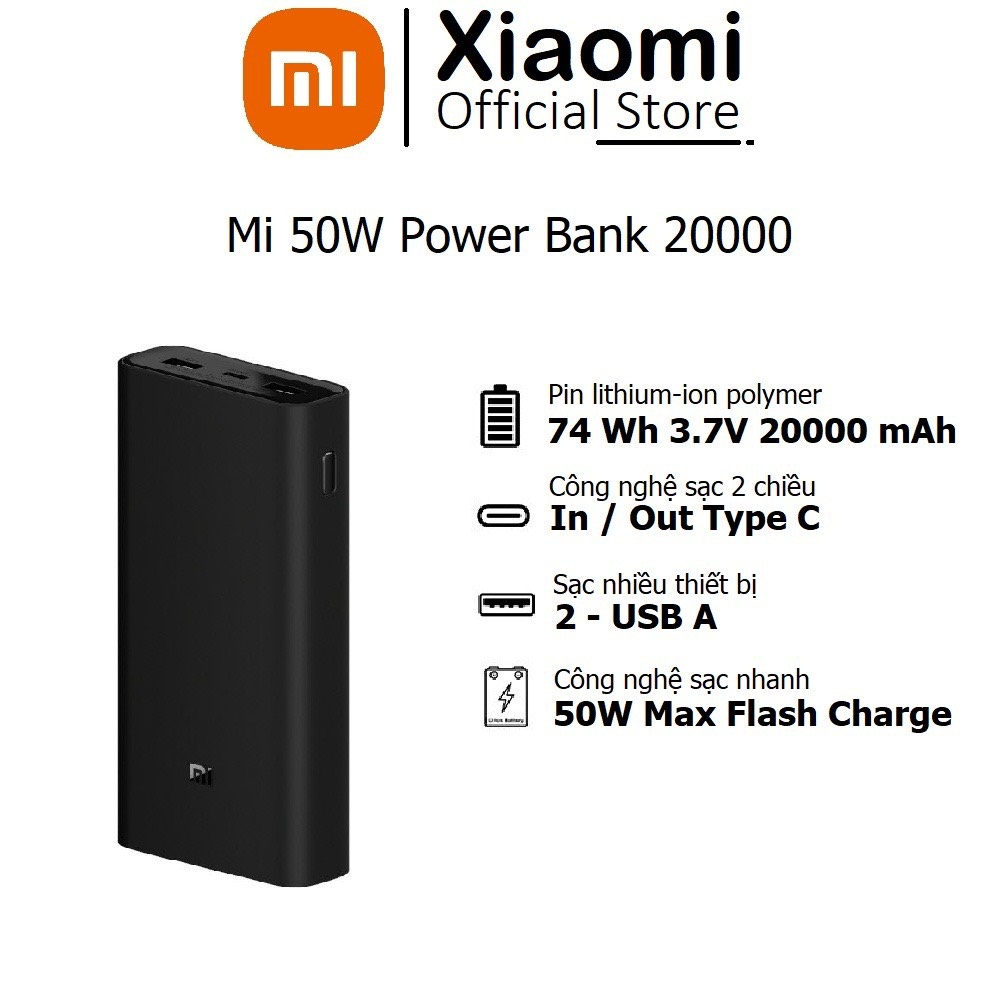 Pin sạc dự phòng Xiaomi Mi Power Bank 20000mAh (In/Out Type-C) 50W MAX sạc siêu nhanh Flash Charge