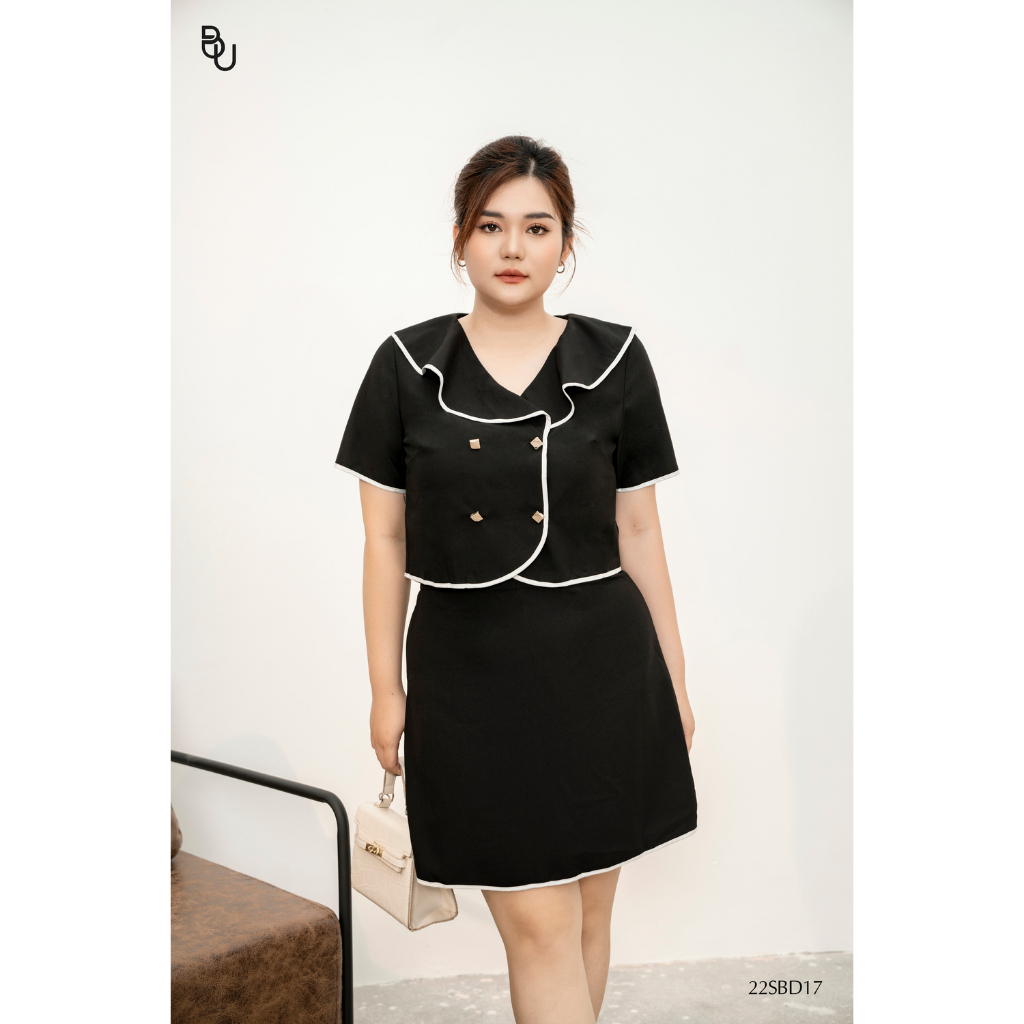 Sét áo cổ thuỷ thủ lượn + Chân váy chữ A phối viền lé BIGSIZE (55kg đến 95kg) - 22SBD17 - [BUstu Bigsize]