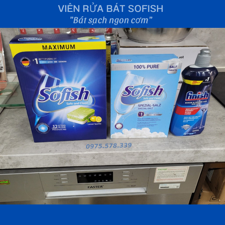 Bộ viên rửa bát Sofish 70 viên+ Nước làm bóng 500ml + Muối rửa 1.kg, dùng cho máy rửa bát