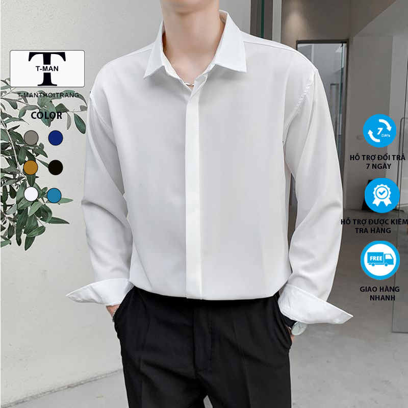 Sơ mi lụa nam BATINO đẹp , kiểu trơn dài tay công sở , dáng ôm body Hàn Quốc, vải lụa cotton