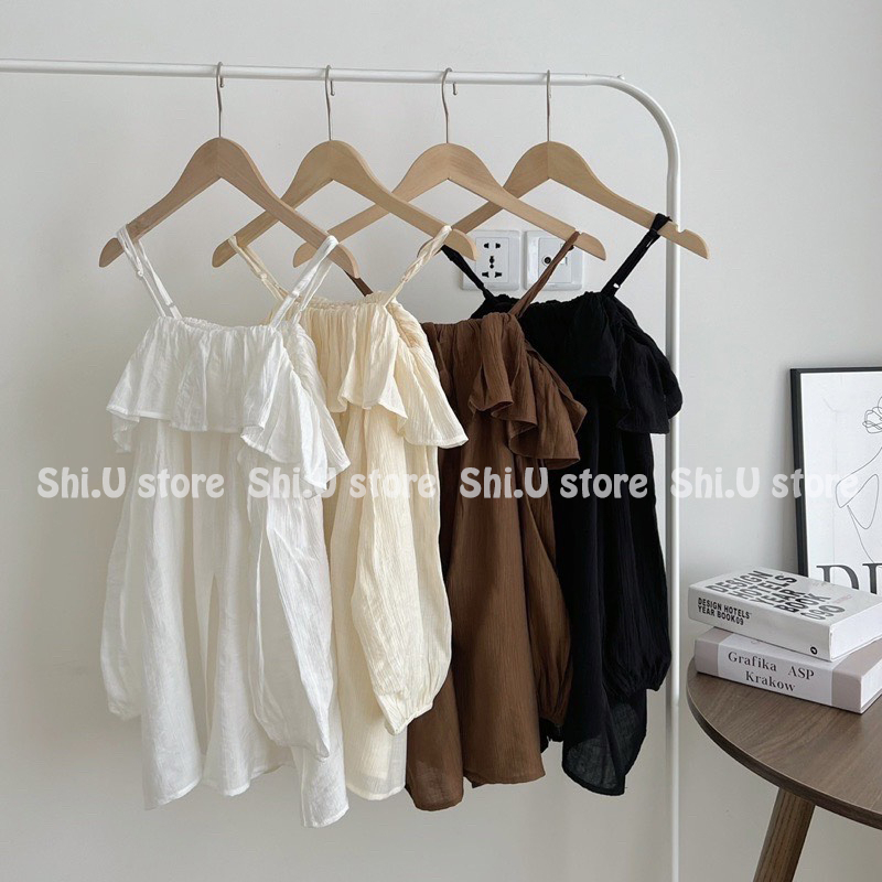 Áo trễ vai babydoll viền bèo voan tơ tay bồng bo chun 4 màu phong cách tiểu thư