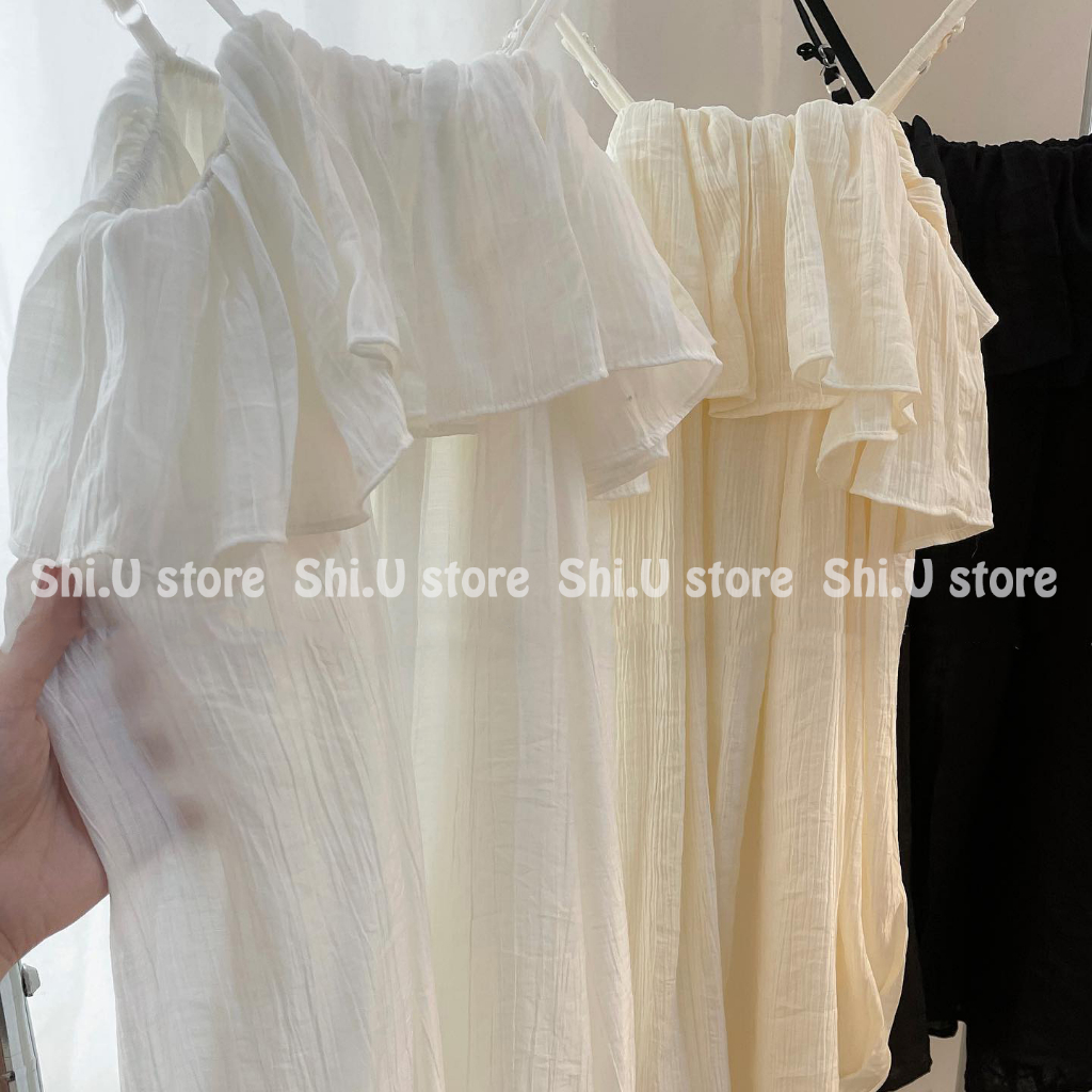 Áo trễ vai babydoll viền bèo voan tơ tay bồng bo chun 4 màu phong cách tiểu thư