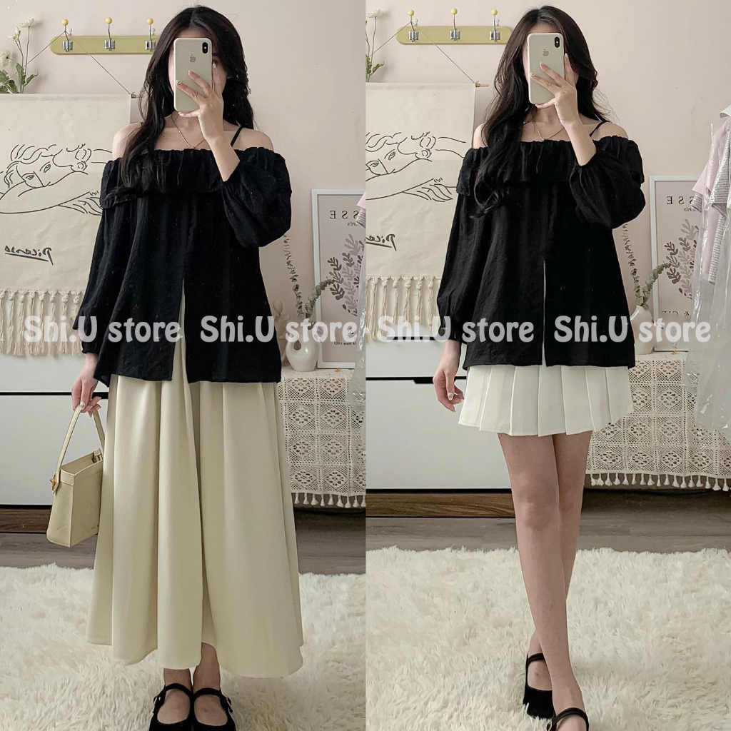 Áo trễ vai babydoll viền bèo voan tơ tay bồng bo chun 4 màu phong cách tiểu thư