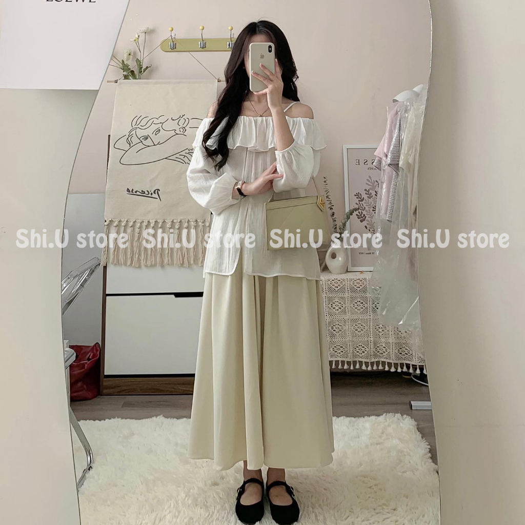 Áo trễ vai babydoll viền bèo voan tơ tay bồng bo chun 4 màu phong cách tiểu thư